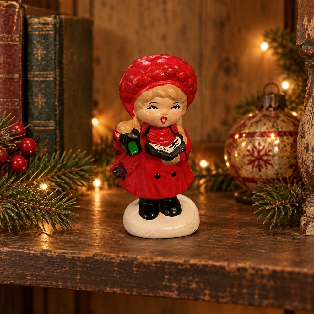 Vintage Christmas Girl Caroler Figurine Red Coat Lantern Songbook 5 Inch